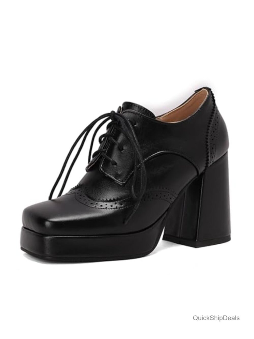 Women's Square Toe Chunky High Heel Oxford Pumps Lace Up Platform Brogues PU